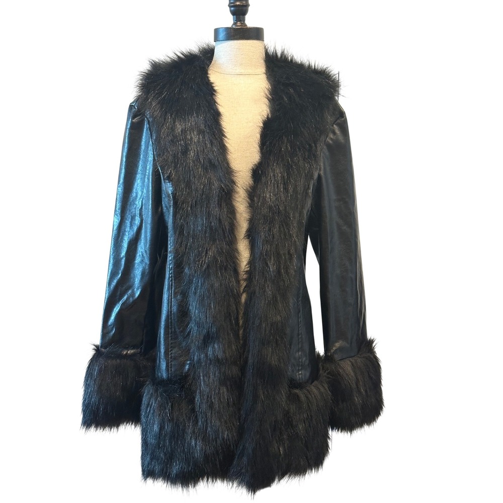 Widow Dolls Kill Black Faux Leather Fur Trim Coat Jacket XL Goth Grunge Witch